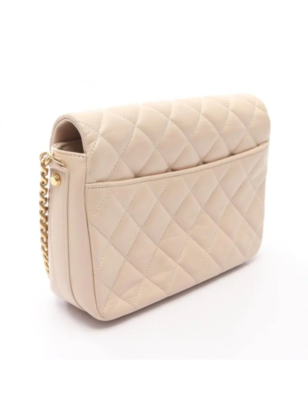 Chanel Shoulder Bag Quilted Beige Leather CC Logo Chain
